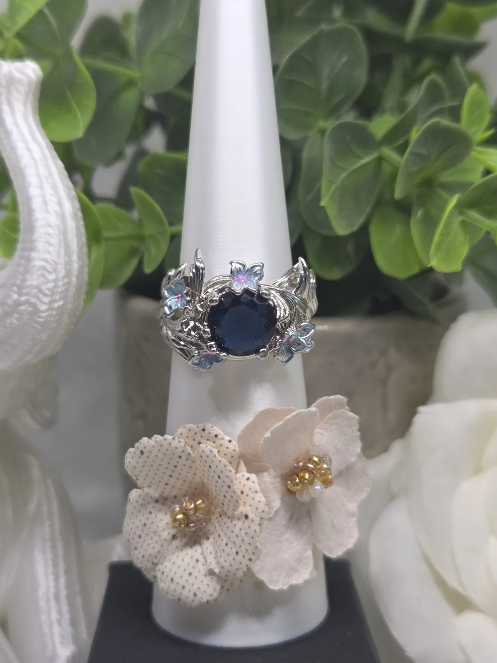 Statement Floral Blue Stone Ring in Silver